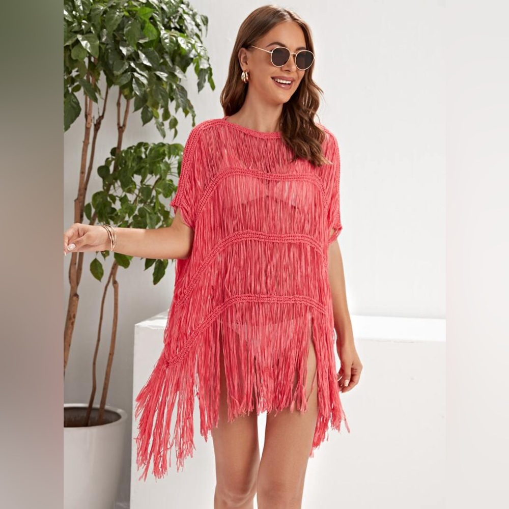 NWT Fringe Crochet Salmon Pink Swim Beach Kimono - Picture 2 of 9